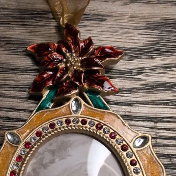 Gold & Red Enamel Metal Rhinestone Christmas Poinsettia Ornament Picture Frame - Picture 3 of 7